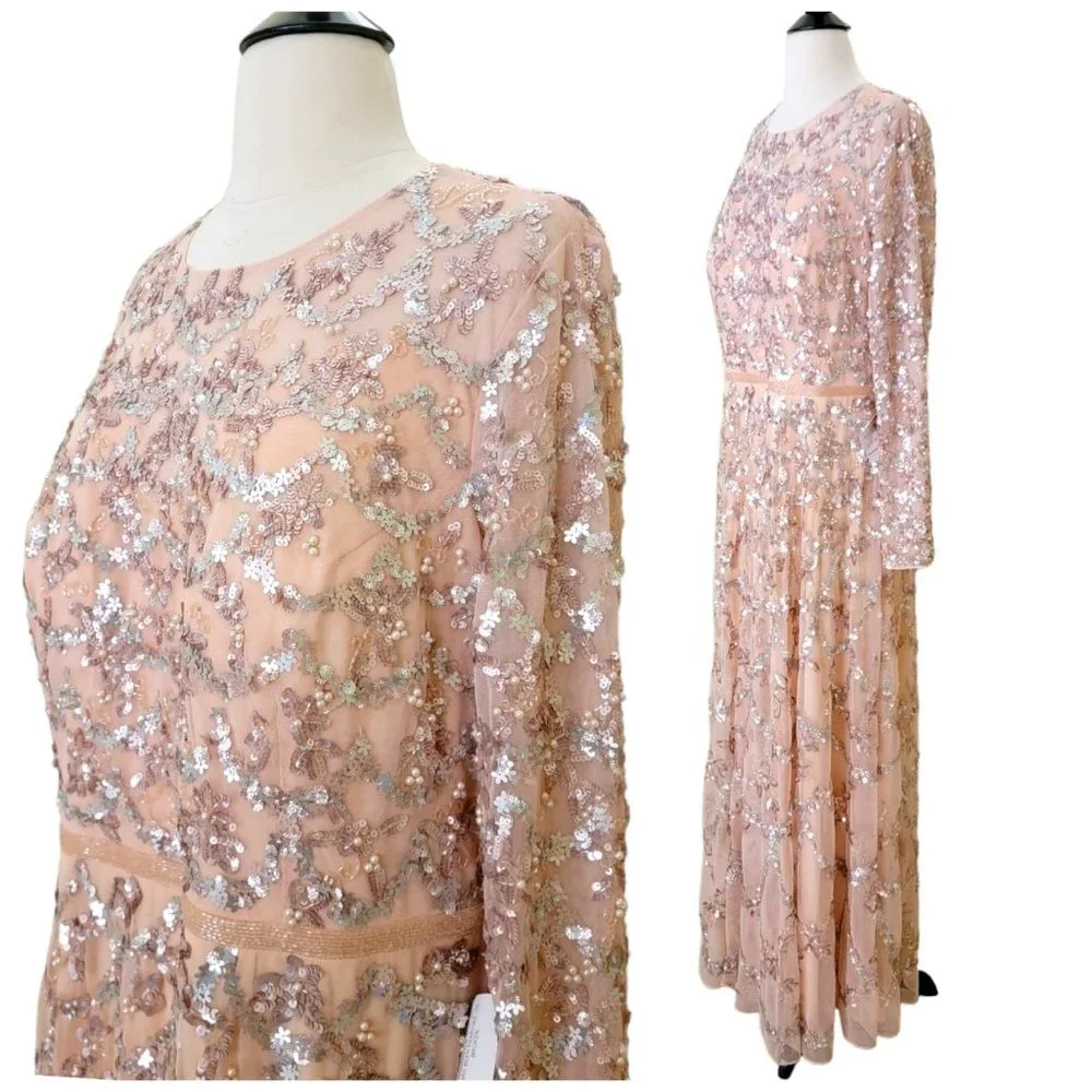 NWT MAC DUGGAL EMBELLISHED ILLUSION HIGH NECK LONG SLEEVED GOWN BLUSH 12 5496 - Picture 7 of 8